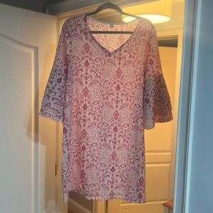 Pink and white trumpet sleeve midi dress